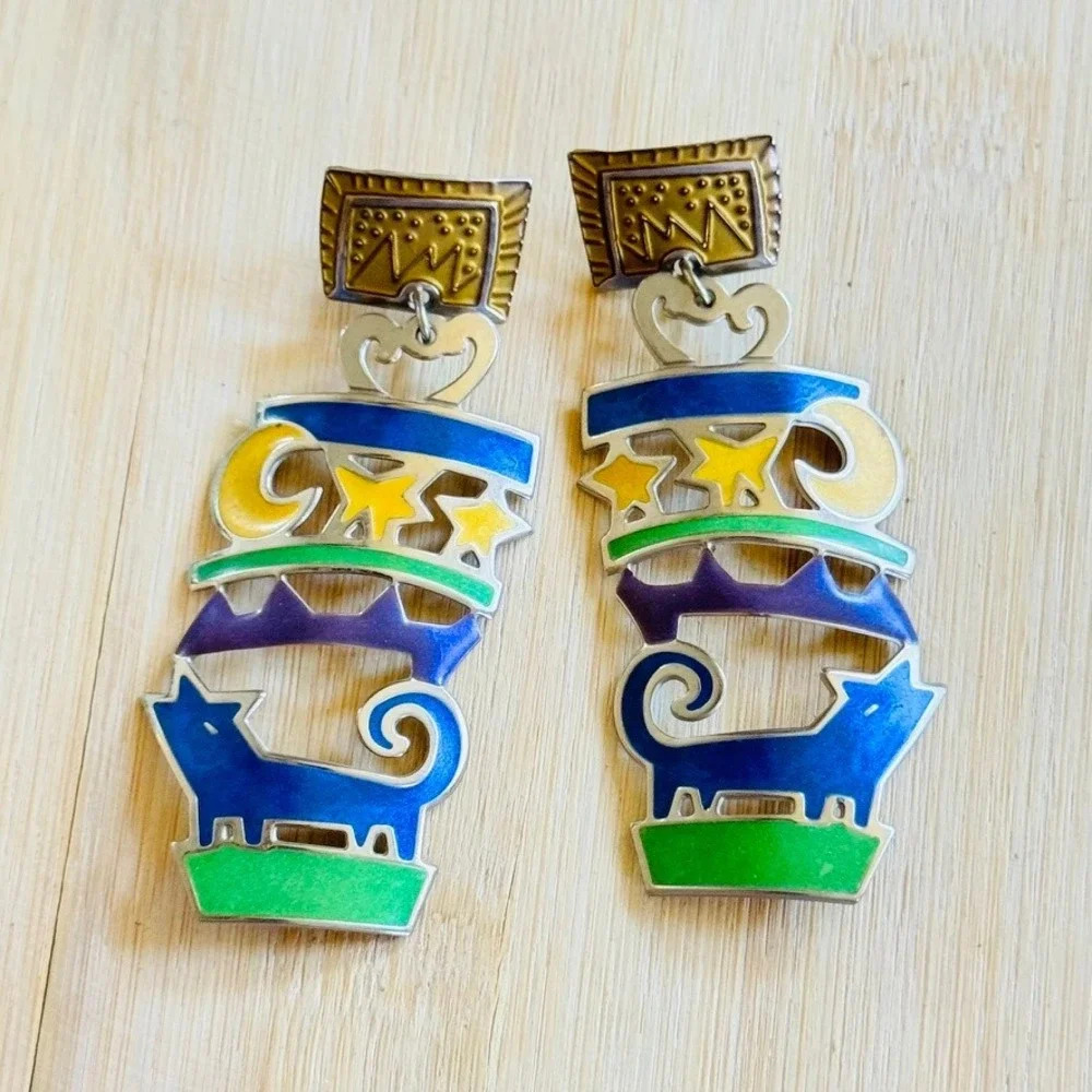 VTG Edgar Berebi Wolf Earrings Whimsical Southwest Dangle Enamel Pierced Signed